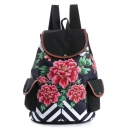 National Style Floral Wavy Stripe Printed Black School Backpack with Side Pockets 28*11*39 CM