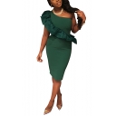 Womens Hot Trendy Green Solid Color One Shoulder Chic Ruffled Hem Midi Nightclub Dress