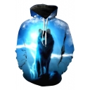 New Stylish Men's 3D Wolf Print Long Sleeve Blue Hoodie with Pocket