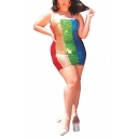 Women's Colorblock Stripe Spaghetti Straps Sleeveless Oversized Embellished Mini Slip Bodycon Dress