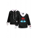 New Stylish Comic Character Cloud Print Patched Hooded Button Down Black Denim Jacket