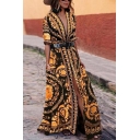Women's Hot Fashion V-Neck Half Sleeve Tribal Printed Split Side Belted Maxi Swing Black Dress