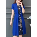 Womens Summer Chic Floral Printed Fake Two-Piece Patched Tied Waist Short Sleeve Midi A-Line Dress