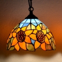 Rustic Style Orange Ceiling Pendant Bowl 1 Light Stained Glass Sunflower Hanging Light for Hallway