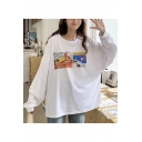 Girls New Stylish Cartoon Printed Round Neck Long Sleeve Oversized Cotton T-Shirt