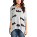 Cool Allover Bat Printed Round Neck Long Sleeve High Low Hem Tunic Loose Grey T-Shirt