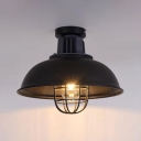 Vintage Style Dome Semi Flush Mount Light Metal 1 Head Black Ceiling Light with Bulb Cage for Factory