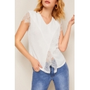 Summer Chic White Solid Color Lace Panel Short Sleeve V-Neck Casual Chiffon Top