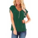 Womens Summer Simple Solid Color Zipper V-Neck Short Sleeve Casual T-Shirt