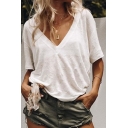 Fashion Simple Solid Color V-Neck Short Sleeve Casual Loose T-Shirt