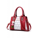 Stylish Colorblock Plaid Pattern Plush Ball Embellishment Commuter Satchel Handbag 29*13*20 CM