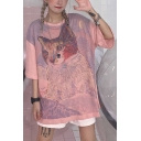 Girls Summer Cute Cartoon Cat Printed Round Neck Oversized Cotton T-Shirt