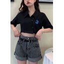 Girls Summer Cool Simple Number 3 Printed Turn-Down Collar Short Sleeve Button Front Cropped Polo T-Shirt