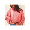 Pink Round Neck Lace-up Ribbon Long Sleeve Cropped Sweatshirt