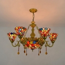Tiffany Style Dome Chandelier Stained Glass 7 Lights Hanging Lamp with Crystal for Cafe Hotel