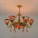 Tiffany Style Dome Chandelier Stained Glass 7 Lights Hanging Lamp with Crystal for Cafe Hotel