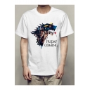 Men's Hot Fashion Letter FRIDAY IS COMING Wolf Pattern Short Sleeve Round Neck Graphic White T-Shirt