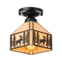Retro Lodge Pattern 8 Inch Semi Flus Mount Ceiling Light in Tiffany Stained Glass Style