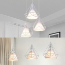 Industrial Diamond Cage Pendant Light 3 Lights Metal Linear/Round Canopy Hanging Light in White for Restaurant