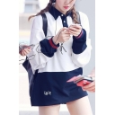 Girls Colorblock Button Front Lapel Long Sleeve DAY OFF letter Embroidered Sweatshirt