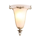 Cone Shade Hallway Sconce Lamp with Flower Frosted Glass 1 Light Colonial Style Wall Light in White
