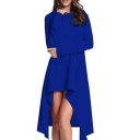 Womens New Fashion Simple Plain Long Sleeve High Low Hem Asymmetrical Hooded Dress
