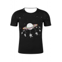 Cool Unique Black Galaxy Planet Astronaut Print Short Sleeve Tee