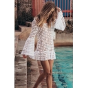 Summer Womens Trendy Scoop Neck Bell Long Sleeve Sexy Hollow Out White Mini Dress Bikini Cover Up