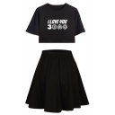 Cool Unique Letter I LOVE YOU 3000 Short Sleeve Crop Tee with A-Line Skirt Two-Piece Set