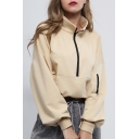 Khaki Simple Plain Half-Zip Stand Collar Long Sleeve Loose Fit Sweatshirt