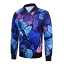 Mens New Fashion Blue Geometric Pattern Stand Collar Long Sleeve Zip Up Fitted Jacket