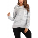 Trendy Camo Pattern Button Closure Split Side Long Sleeve Casual Loose Drawstring Hoodie