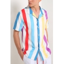 Mens Trendy Colorful Stripe Print Notched Lapel Collar Short Sleeve Button Front Beach Camp Shirt