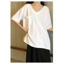 Summer Popular Simple Plain V-Neck Short Sleeve Split Side Oversized Cotton T-Shirt
