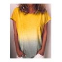 Summer Womens Hot Popular Ombre Color Round Neck Short Sleeve Casual Tee