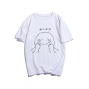 Funny Cartoon Face Letter BUT I LIKE YOU Printed Round Neck Short Sleeve Casual White T-Shirt