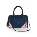 New Fashion Floral Embroidery Pattern Zipper Embellishment Denim Satchel Bag 34*13*23 CM