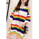 Summer Trendy Colorful Striped Printed Hooded Longline Casual T-Shirt for Girls
