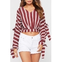 Red Striped Printed Hollow Out Tied Long Sleeve V-Neck Cropped Blouse Top
