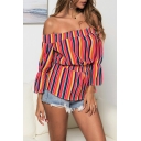 Summer Trendy Rainbow Striped Printed Sexy Off the Shoulder Blouse Top