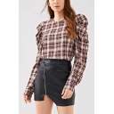 Classic Plaid Pattern Round Neck Unique Puff Long Sleeve Casual Blouse for Women