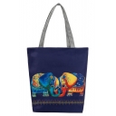 Personalized Elephant Printed Dark Blue Canvas Shoulder Bag 27*8*37 CM