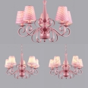 Flower/Lace/Plaid Pendant Lamp with Tapered Shade Metal 5 Lights Pink Chandelier for Bedroom