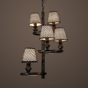 Fabric Tapered Shade Chandelier 6 Lights Traditional Lattice Pendant Lamp for Restaurant Bar