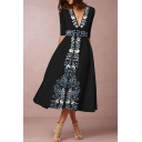 Women's Hot Fashion V-Neck Half Sleeve Floral Print Midi A-Line Black Dress
