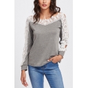 Solid Color Hollow Lace Patchwork Gray V Neck Long Sleeve Pullover Sweatshirt