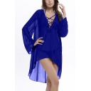 Womens Summer New Trendy Solid Color Lace-Up V Neck Long Sleeve High Low Hem Mini Swimwear Dress Beach Cover Up Dress