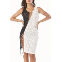 Women's Sexy Hollow Out Lace Patched Sleeveless Black and White Knee Length Dress