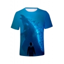 King of the Monsters 3D Character Printed Blue Round Neck Short Sleeve T-Shirt