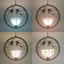 Rustic Ceiling Pendant Glass 1 Light Black Hanging Light with Bird for Bedroom
